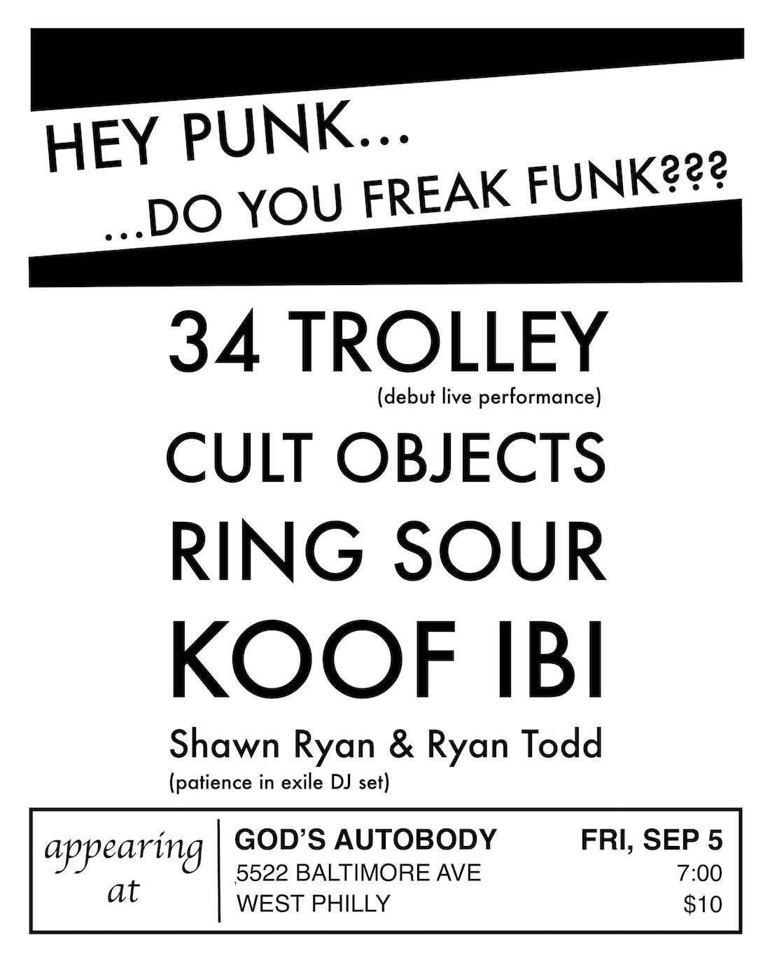 flyer for 34 Trolley debut live performance at God's Autobody